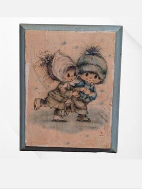 Vintage Hallmark Charmers Mary Hamilton 5x4" Boy & Girl Ice Skating Wooden Print
